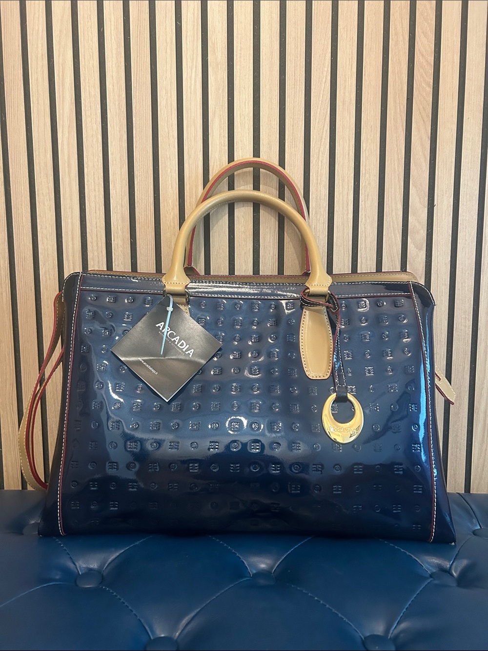 Arcadia Navy Patent Leather Satchel with Tan Accents and Gold Hardware